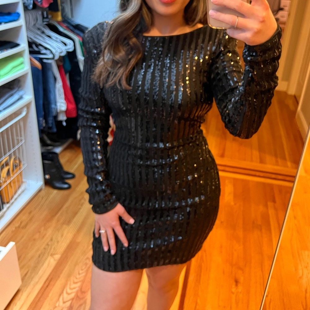 Black Long-Sleeve Sequin Mini Dress